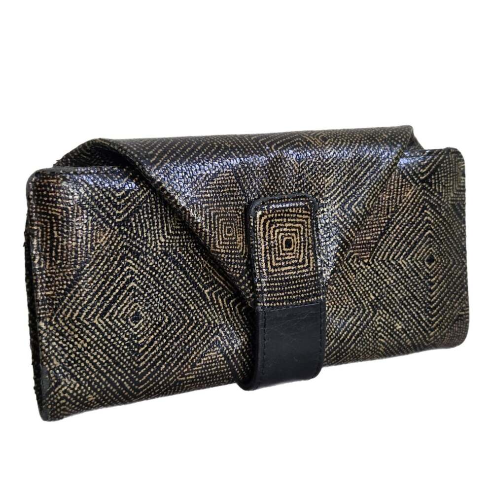 Hiroko Hayashi Black and Gold Geometric Genuine Leather Wallet Clutch
